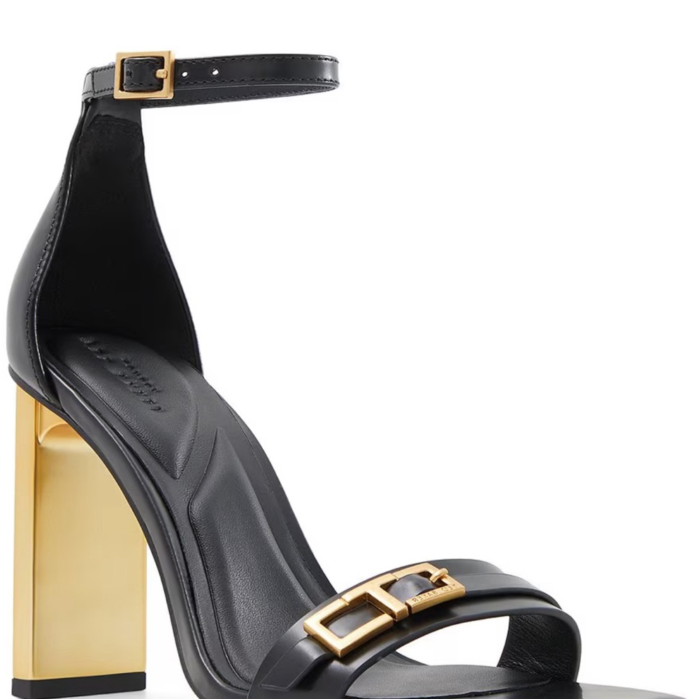 Ted Baker Black Leather Ankle-Strap Heels with Gold Block Heel